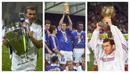 Zinedine Zidane. Eks gelandang serang Timnas Prancis dan Real Madrid ini menjadi pesepak bola Eropa kelima alias terakhir yang mampu mengoleksi ketiga gelar prestisius tersebut. Trofi Piala Dunia diraihnya bersama Les Bleus pada edisi 1998, Ballon d'Or juga diraihnya pada edisi 1998 serta trofi Liga Champions diraihnya bersama Real Madrid pada musim 2001/2002. (Kolase AFP)
