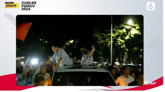 Calon Presiden (Capres) dan Calon Wakil Presiden (Cawapres) nomor urut 02 Prabowo Subianto-Gibran Rakabuming Raka saat akan memasuki Istora Senayan untuk deklarasi kemenangan hasil sementara quick count Pemilu 2024, Rabu (14/2/2024).