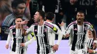 Penyerang Juventus, Dusan Vlahovic merayakan gol pertama timnya dalam pertandingan pekan ke-4 Liga Champions UEFA antara Juventus dan Sporting CP di Stadion Allianz, Turin, pada 4 November 2025. (Marco BERTORELLO / AFP)