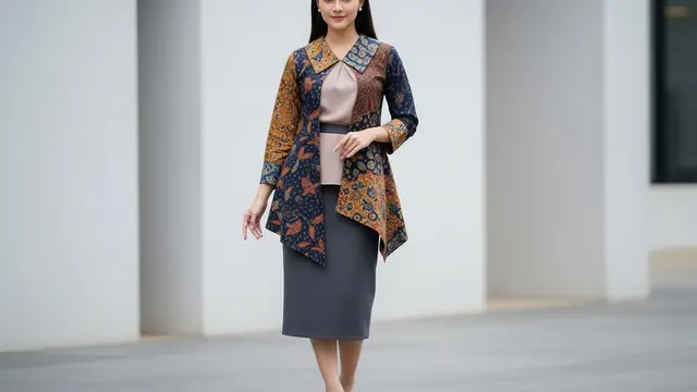 Blouse Modern Batik Detail Unik dengan Rok Span Midi