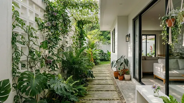 Koridor Samping Rumah dengan Dinding Roster Gemini AI