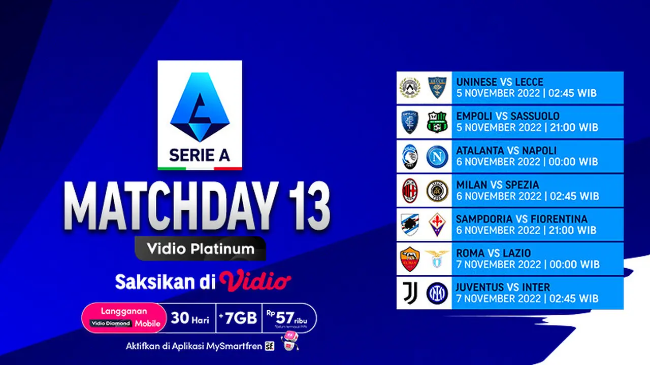 Jadwal Lengkap dan Siaran Langsung Serie A Liga Italia 2022/23 Week 13 di Vidio : Ada 2 Partai Big Match