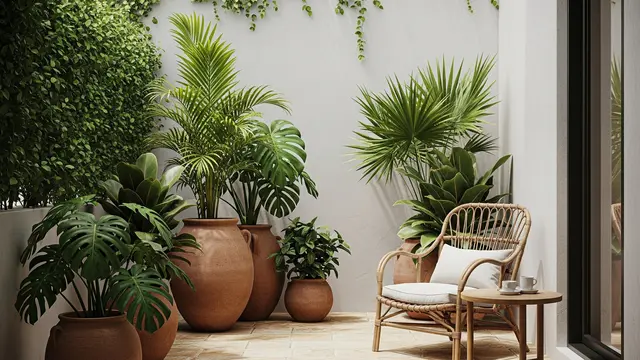 Desain Teras Rumah Sederhana dengan Tanaman Pot Besar (AI)