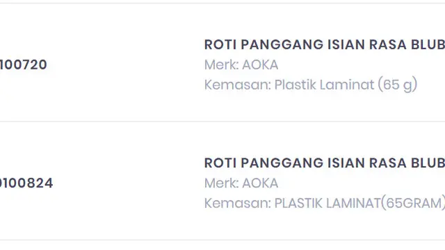Roti Aoka varian Roti Panggang Isian Rasa Bluberi tercantum lolos uji BPOM (Tangkapan Layar Laman BPOM)