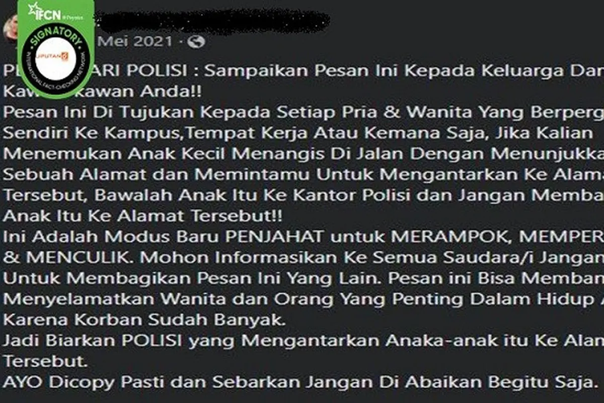 Gambar Tangkapan Layar Informasi Palsu Modus Kejahatan Memanfaatkan Anak Kecil Menangis di Jalan (sumber: Facebook).
