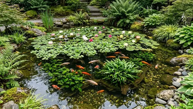 Desain Kolam Ikan Dangkal yang Menggabungkan Ikan dan Tanaman Hias