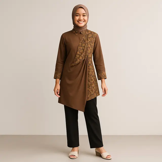 Model Tunik Batik Kombinasi Kain Polos Untuk Kerja/Ilustrasi Gambar AI