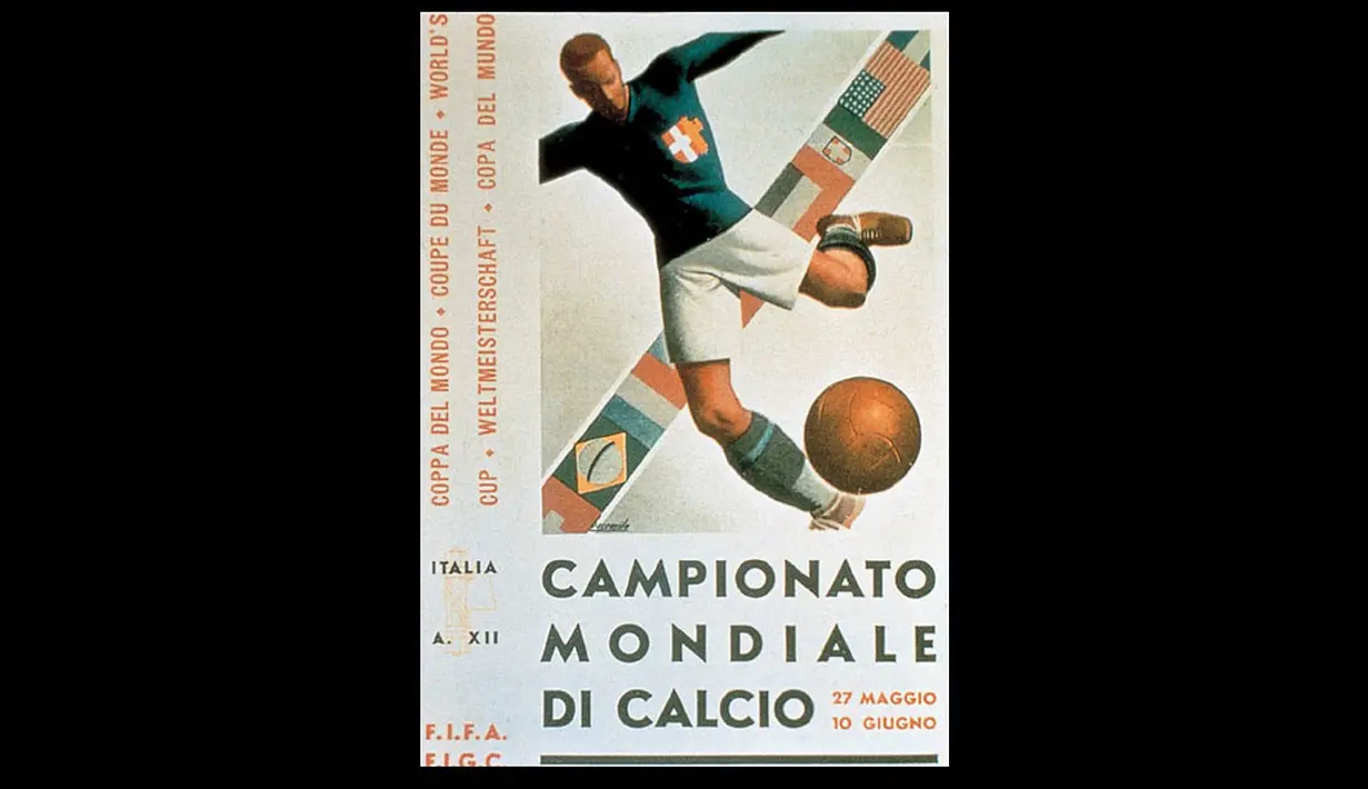 Poster Piala Dunia ke-2 tahun 1934 yang diselenggarakan di Italia. Seorang pemain bola dengan barisan bendera dibelakangnya. Tuan rumah keluar sebagai juara (Istimewa).