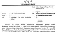 Beredar surat bertanda tangan Gubernur Bali I Wayan Koster yang ditujukan kepada Menpora yang isinya menolak Timnas Israel bertanding di Bali. (Liputan6.com/ Ist)