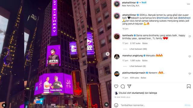 Atta Halilintar Dapat Ucapan Selamat Ulang Tahun yang Terpampang di Times Square New York City. (instagram.com/attahailintar)