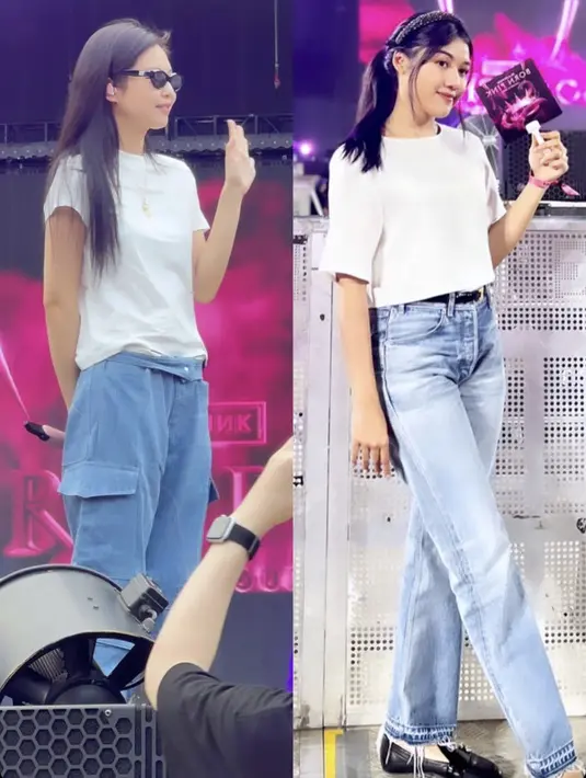 Erina Gudono tampil dengan tshirt putih polos dipadukan celana denim dan flat shoes hitam. (@erinagudono)