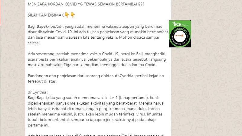 Cek Fakta Liputan6.com menelusuri klaim setelah divaksin lebih mudah terinfeksi virus mengakibatkan kematian korban Covid-19 bertambah