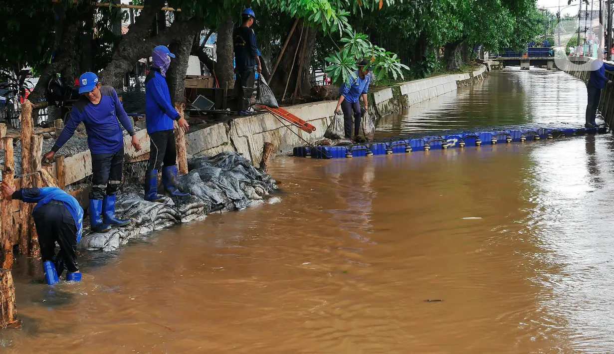 Petugas Dinas Sumber Daya Air melakukan perbaikan turap Kali Baru, Jakarta, Selasa (16/11/2021). Perbaikan turap sebagai antisipasi meluapnya aliran air yang menyebabkan banjir di kawasan tersebut. (Liputan6.com/Johan Tallo)