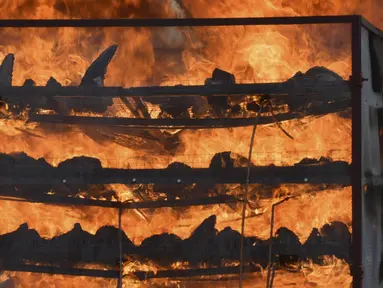 Cula badak sitaan dibakar pada tungku untuk menandai Hari Badak Sedunia dekat Taman Nasional Kaziranga, Bokakhat, India, 22 September 2021. Sebanyak 2.479 cula badak dibakar dalam kegiatan tersebut. (Biju BORO/AFP)