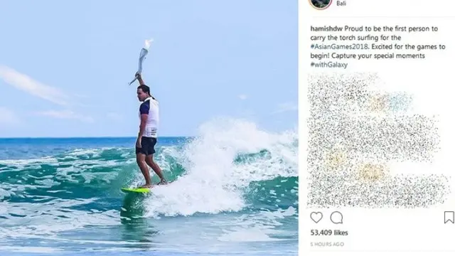 Hamish Daud bawa obor sambil surfing, keren! ©instagram/hamishdw