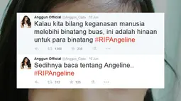 Di akun Twitternya @Anggun_Cipta, ia kekesalannya. "Kalau kita bilang keganasan manusia melebihi binatang buas, ini adalah hinaan untuk para binatang. #RIPAngeline," tulisnya. (twitter.com/Anggun_Cipta)