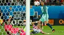 Penyerang Portugal,  Cristiano Ronaldo  (kanan) saat menendang bola ke gawang Kroasia pada pertandingan babak 16 besar piala Eropa 2016 di  Stade Bollaert, Lens , Prancis, (26/6).Gol Potugal dicetak Ricardo Quaresma. (REUTERS / Gonzalo Fuentes)