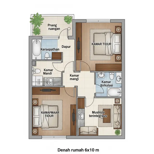 Desain Rumah 6x10 dengan 2 Kamar Tidur dan Mushola Terintegrasi