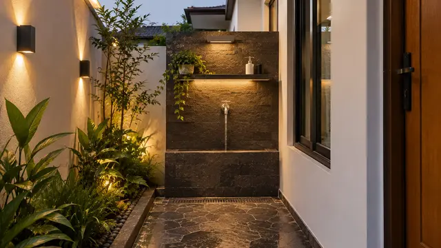 Desain Tempat Wudhu di Samping Rumah dengan Lantai Batu Bertekstur