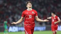 Pemain Timnas Indonesia, Mauro Zijlstra melakukan selebrasi setelah mencetak gol keempat ke gawang St Kitts and Nevis dalam laga FIFA Series 2026 di Stadion Utama Gelora Bung Karno (SUGBK), Senayan, Jakarta, Jumat (27/03/2026). (Bola.com/M Iqbal Ichsan)