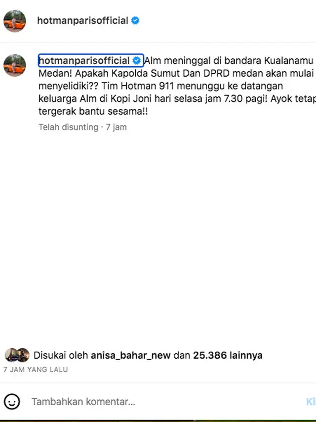 Hotman Paris Ikut Sorot Kasus Korban Lift Bandara Kualanamu. (instagram.com/hotmanparisofficial)