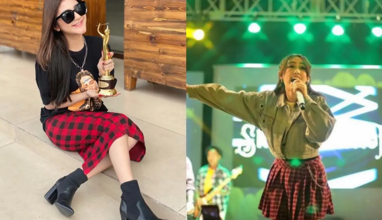 Ghea Youbi memadukan rok pensil motif kotak-kotak dengan t-shirt hitam, sementara Happy Asmara memadukan rok mini motif kotak-kotak dengan denim jacket.