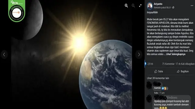 Gambar Tangkapan Layar Klaim Fenomena Aphelion Sebabkan Suhu Dingin di Indonesia (sumber: Facebook).