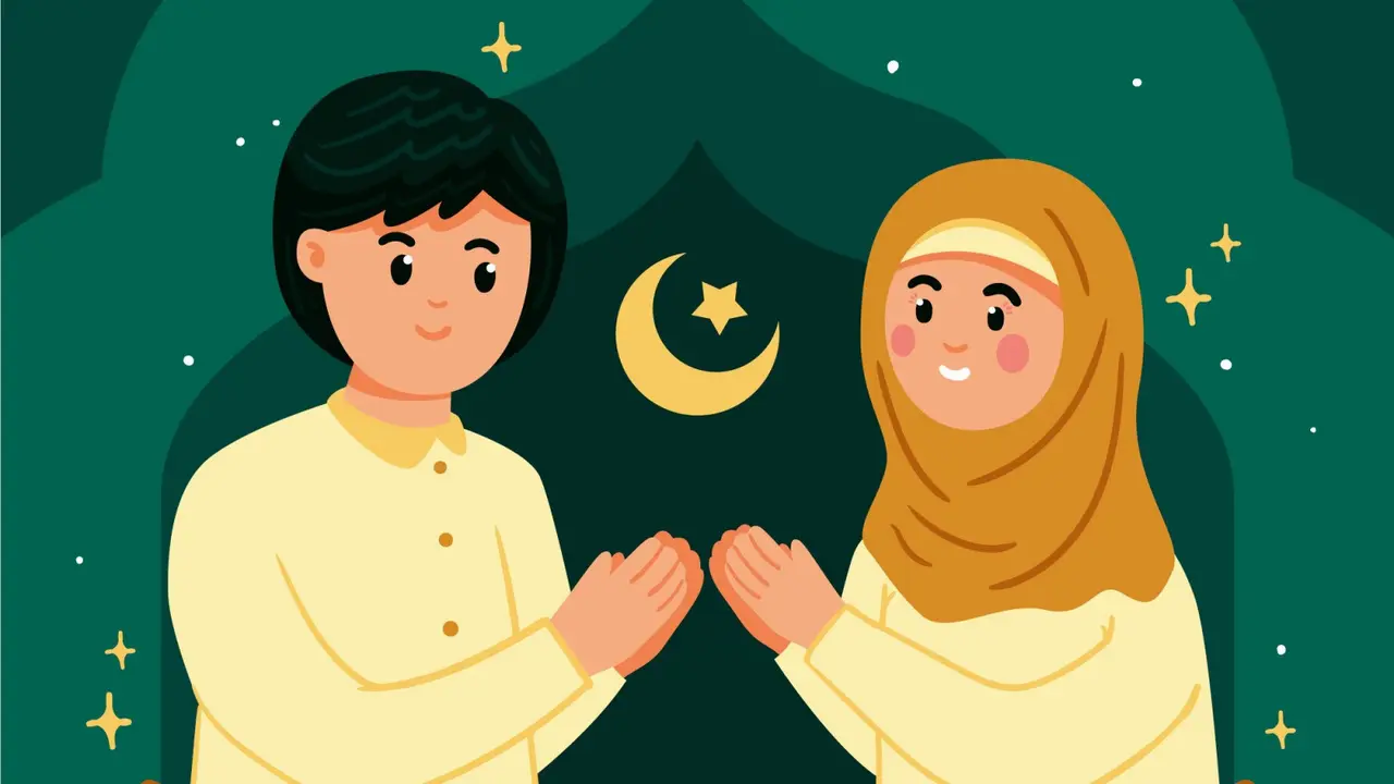 Ilustrasi Idulfitri, Idul Fitri, Lebaran, pasangan muslim, Islami