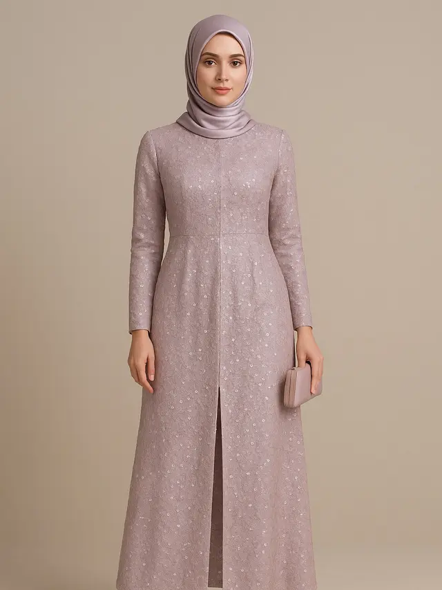 Model Gamis Brokat Belah Tengah Kombinasi Payet