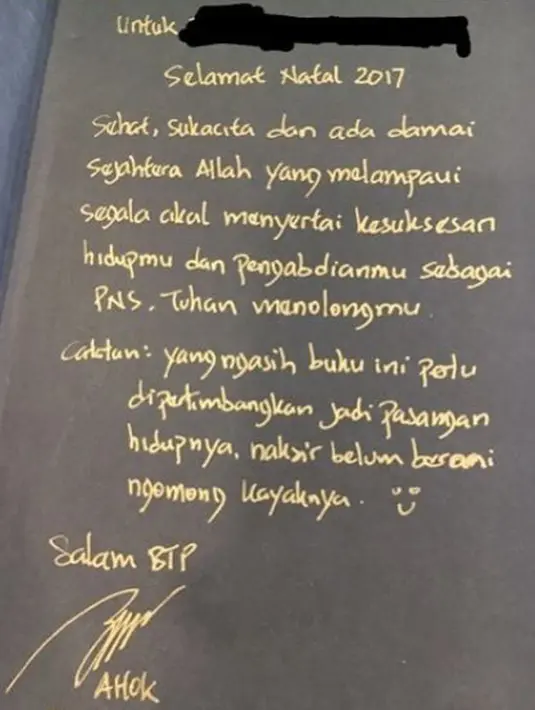 Surat Basuki Tjahaja Purnama (Ahok) untuk salah satu pegawai PNS berucapkan selamat Natal 2017. (Instagram/@basukibtp)