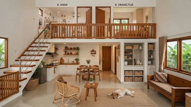 Desain rumah kecil dengan kamar di lantai atas dan cocok untuk keluarga berkarier model rumah dengan dua kamar di lantai atas
