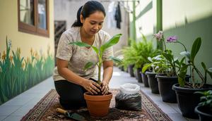 Wanita sedang menanam pisang di pot karena tidak punya lahan luas. [Foto: Gemini]