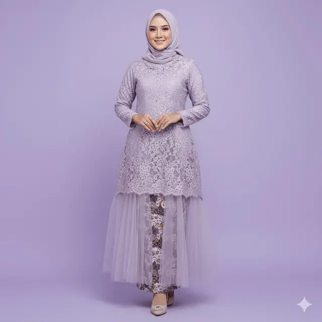 Gamis Batik Kombinasi Tule Brokat Warna Soft untuk Acara Akad. Gemini