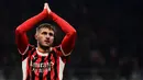 Pemain AC Milan, Santiago Gimenez menolak merayakan golnya ke gawang Feyenoord dalam laga leg 2 play off Liga Champions 2024/2025 di San Siro, Milan, Italia, Rabu (19/02/2025) dini hari WIB. (AFP/Piero Cruciatti)