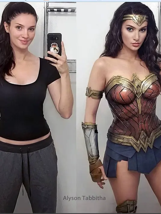 Penampilan AlysonTabbitha saat mengenakan kostum dan make up cosplay WonderWoman. Seluruh kostum, make up dan rambut yang dikerjakan sendiri belum sepenuhnya selesai karena masih perlu membuat sabuk, sepatu laso. (Instagram / AlysonTabbitha)