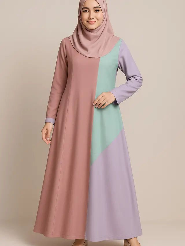 Inspirasi Model Gamis Syari A-Line Kombinasi Polos Terbaru