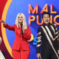 Prilly Latuconsina, Bebe Rexha, Arie Untung, dan Ruben Onsu di HUT SCTV ke-27. (Bambang E. Ros/Bintang.com)
