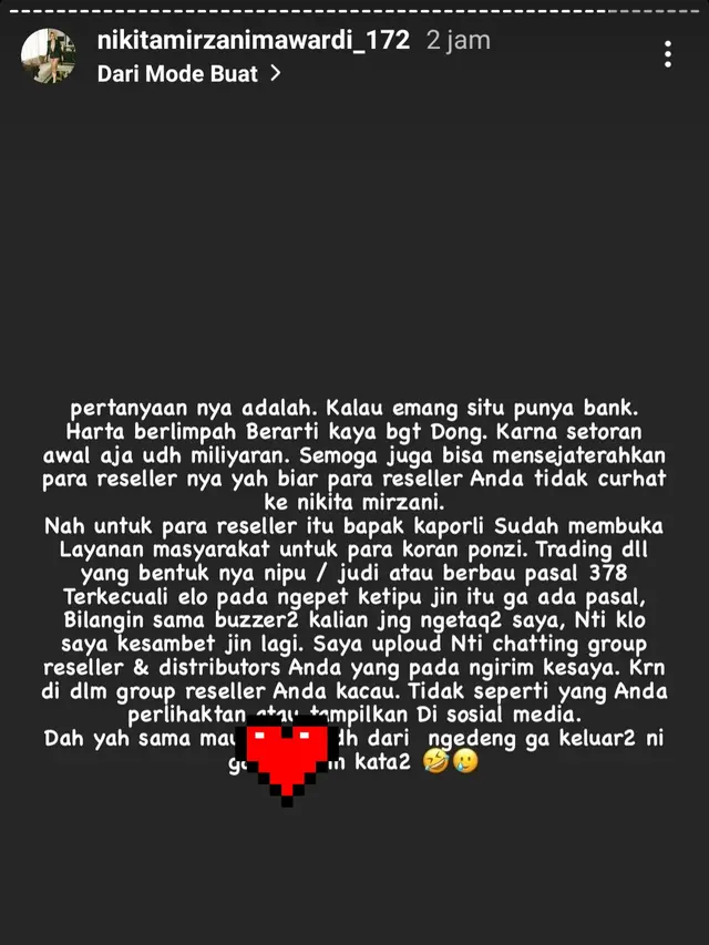 Unggahan Nikita Mirzani. (Foto: Dok. Instagram @nikitamirzanimawardi_172)