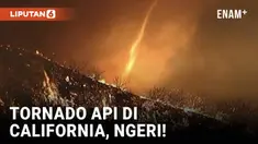 Tornado api kecil terlihat saat kebakaran Palisades Fire melahap San Fernando Valley, California. Api semakin mendekati jalur Interstate 405 dan kawasan Getty, memaksa evakuasi tambahan.