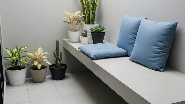 Model Teras Rumah Kecil dengan Bangku Semen dan Tanaman Pot