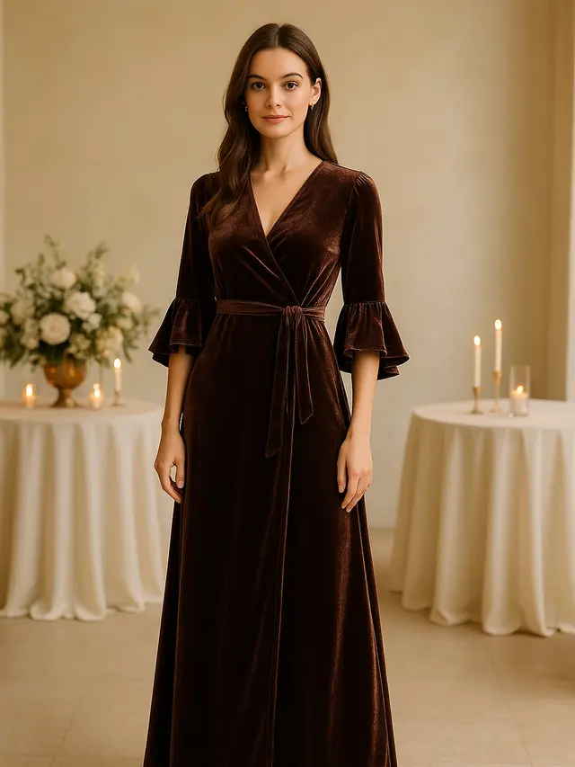 Long Dress Lengan Flare Bahan Velvet