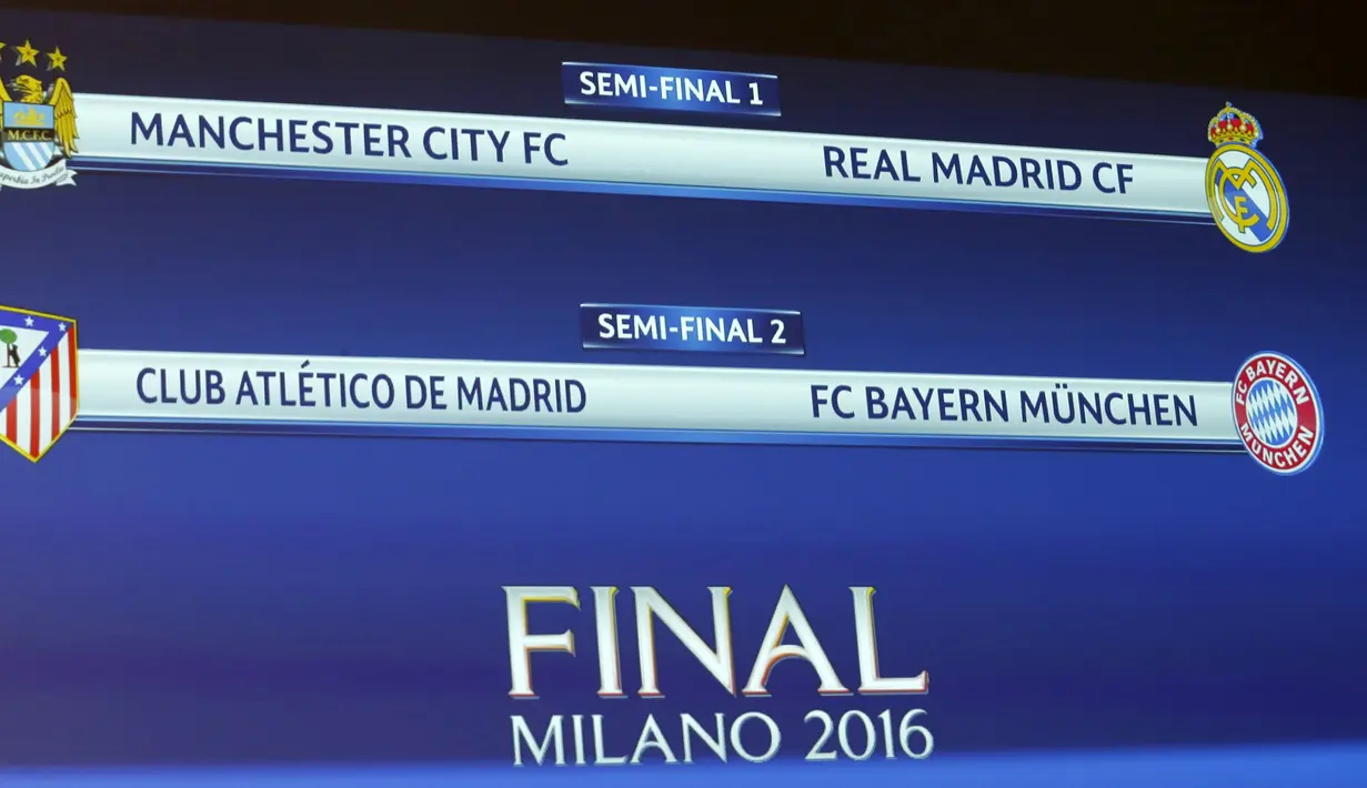Hasil undian semifinal Liga Champions di markas UEFA, Nyon, Swiss, Jumat (15/4). Tim kaya Manchester City akan bertemu dengan Real madrid dan semifinal lainnya mempertemukan Atletico Madrid melawan Bayern Munchen. (REUTERS/Denis Balibouse)
