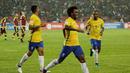 Ekspresi pemain Brasil, Willian, setelah mencetak gol kedua ke gawang Venezuela dalam laga Kualifikasi Piala Dunia 2018 zona Amerika Selatan di Metropolitano Stadium, Merida, Rabu (12/10/2016) WIB. (Reuters/Marco Bello)