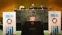 Menteri Luar Negeri Republik Indonesia Retno Marsudi saat berbicara dalam&nbsp;KTT Tujuan Pembangunan Berkelanjutan atau Sustainable Development Goals (SDG) Summit di Markas Besar PBB di New York, Amerika Serikat, Senin (18/9/2023). (Dok. Kementerian Luar Negeri RI)