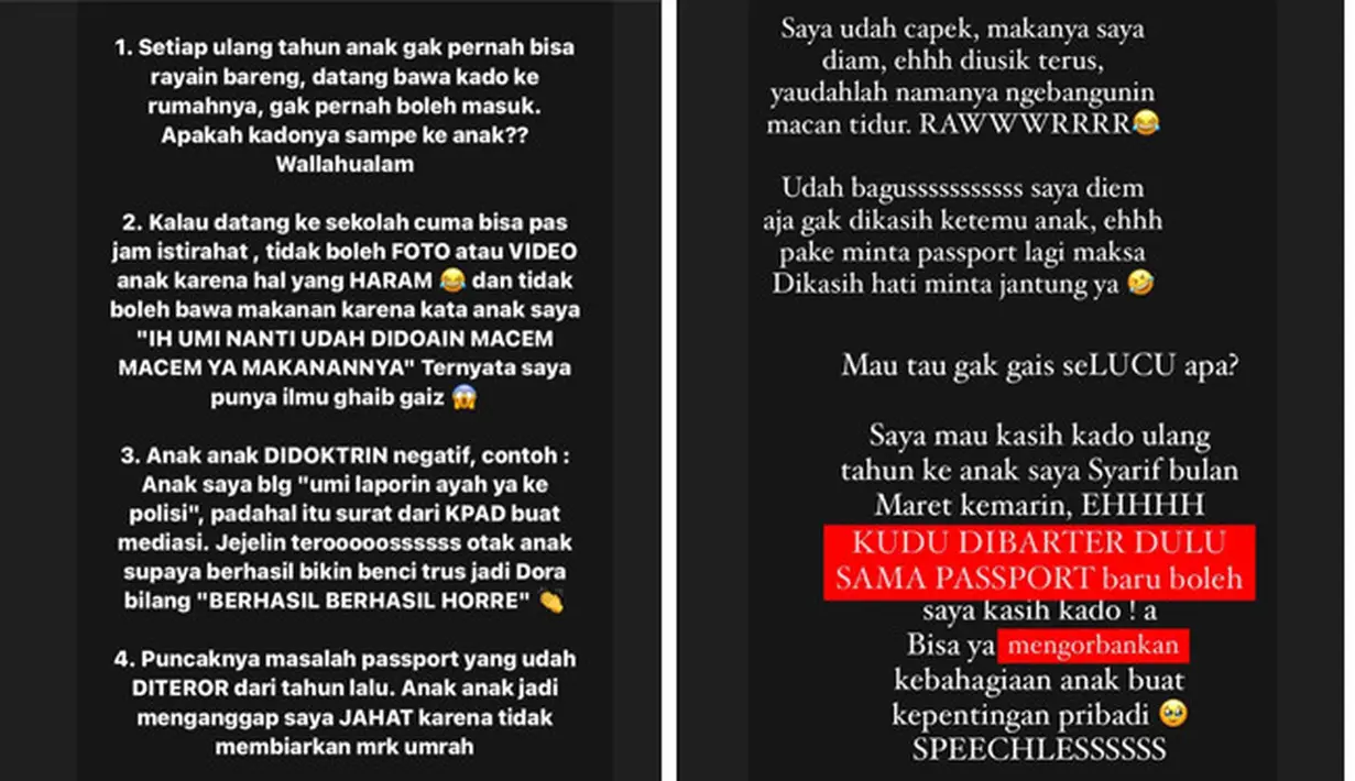 Selama terpisah, ia juga tak bisa merayakan ulang tahun putranya. Meski datang membawa kado, tapi tak mendapatkan izin masuk ke rumah. Saat datang ke sekolahnya, juga tak boleh foto dan video. Tidak sampai disitu, Tsania menyebut anaknya didoktrin negatif. [Instagram/tsaniamarwa54]