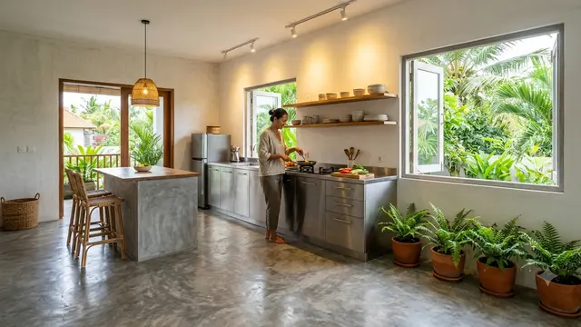 Inspirasi Dapur Bergaya Tropical Minimalist yang Bikin Suasana Masak Terasa Segar Seperti di Resort Model Dapur dengan Lantai Semen Ekspos Halus