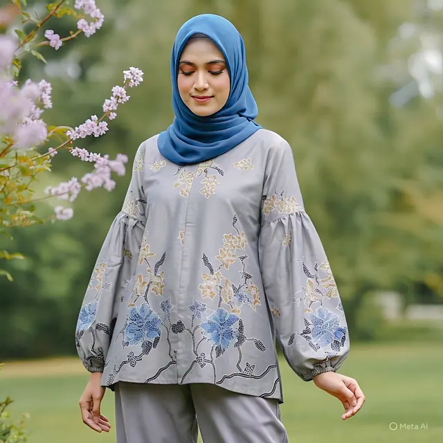 Blouse Batik Lengan Balon Abu dengan Motif Floral