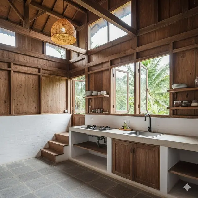 Dapur Kombinasi Tembok dan Kayu