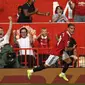 Pemain sayap Manchester United Antony merayakan golnya ke gawang Arsenal dalam pertandingan Liga Inggris di Old Trafford, Minggu, 4 September 2022. MU menang 3-1. (Oli SCARFF / AFP)