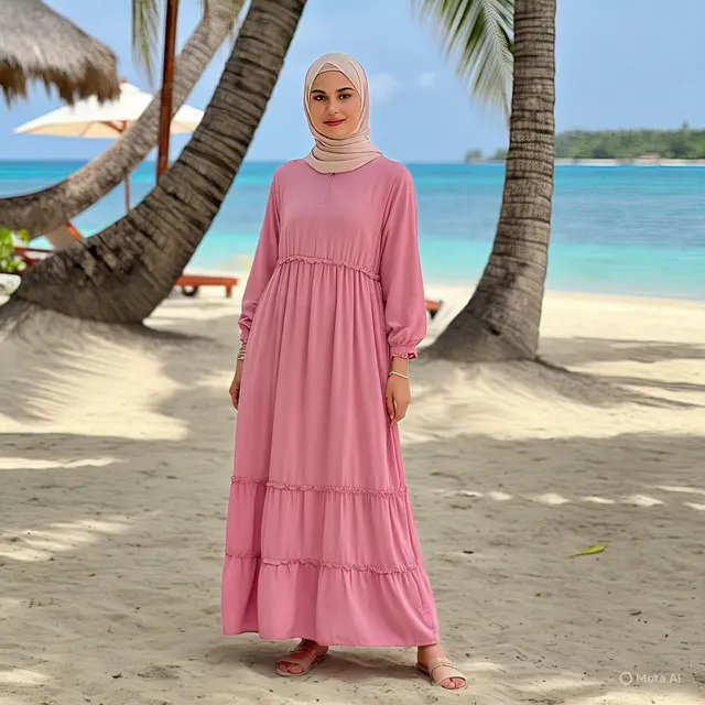 Maxi Dress Pink dengan Aksen Plisket